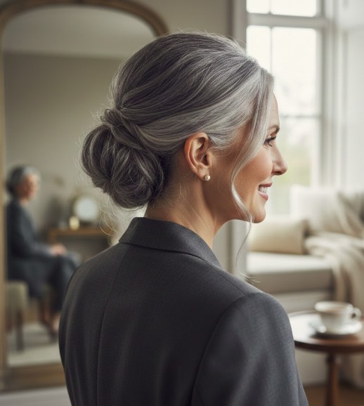 Classic Chignon with a Soft Gray Touch