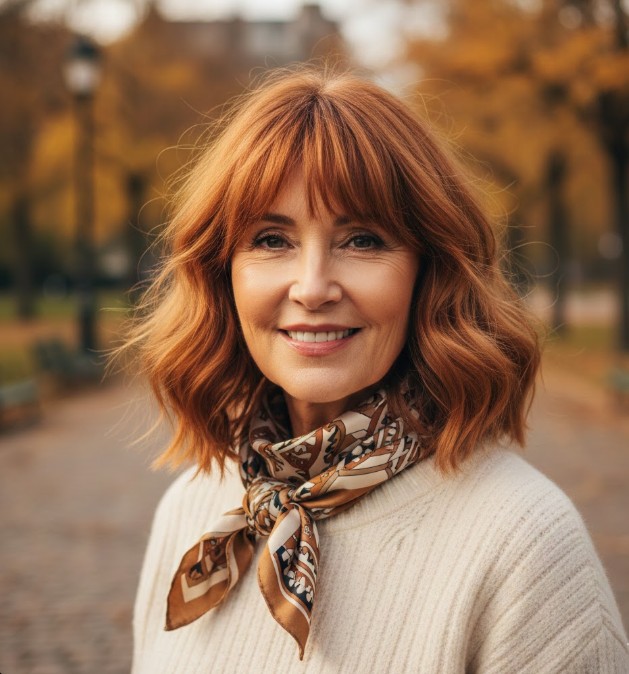Copper-Toned Wavy Bob with Bangs