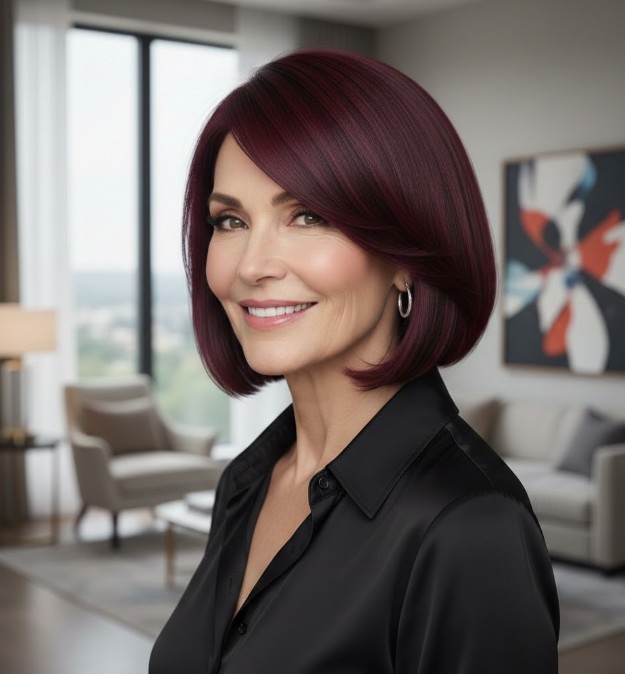 Deep Burgundy Sleek Medium-Length Cut