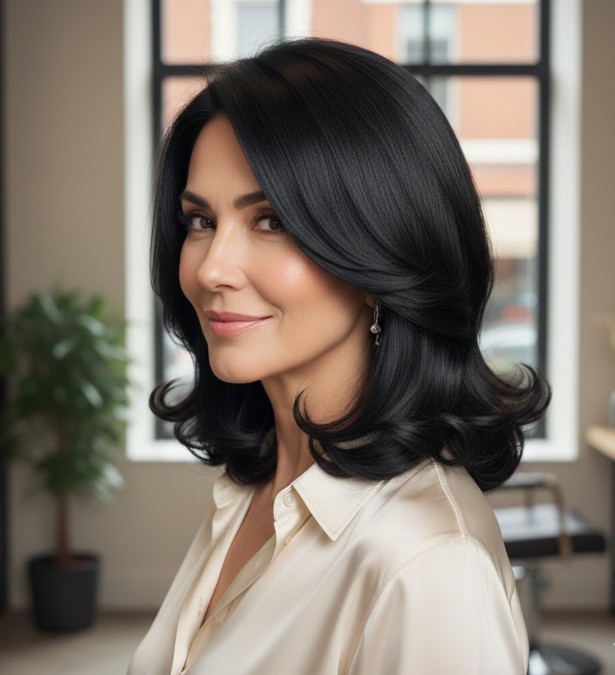 Glossy Raven-Black with a Slight Inward Curl