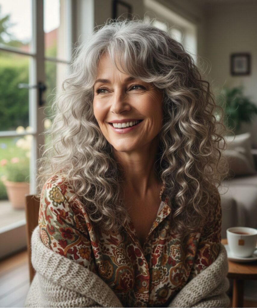 Long Curly Layers with Side-Swept Bangs