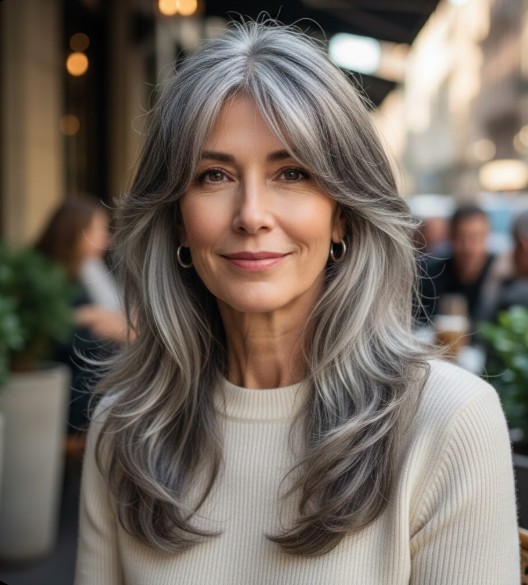  Long Layers with Side-Swept Bangs
