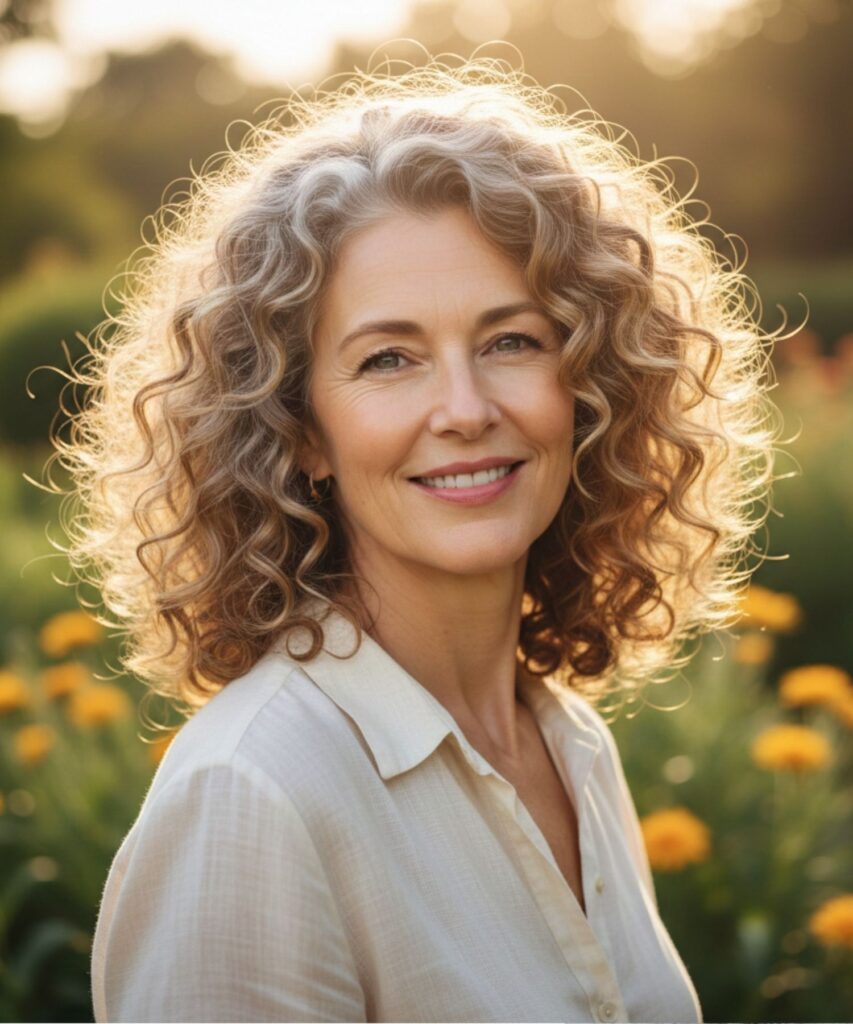 Medium Curly Hair with Sun-Kissed Highlights