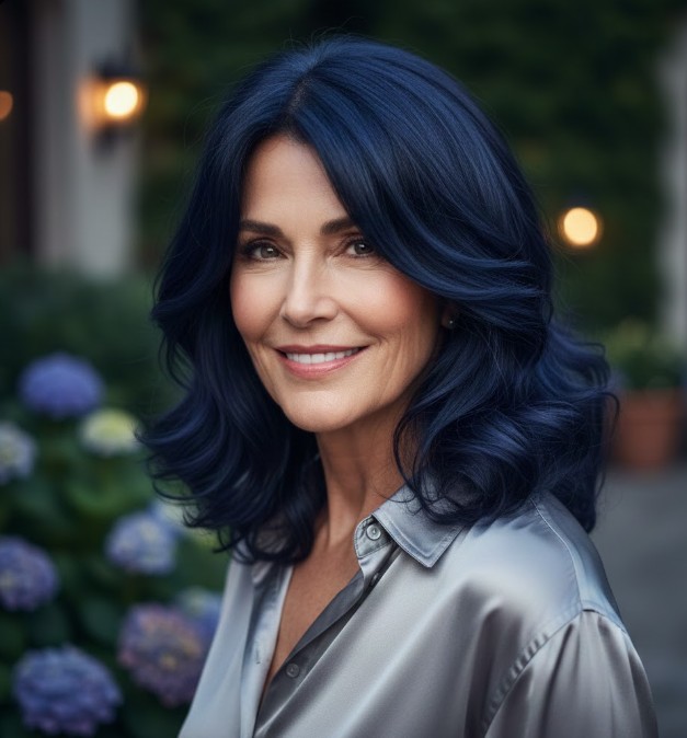 Mid-Length Midnight Blue with Gentle Layered Waves