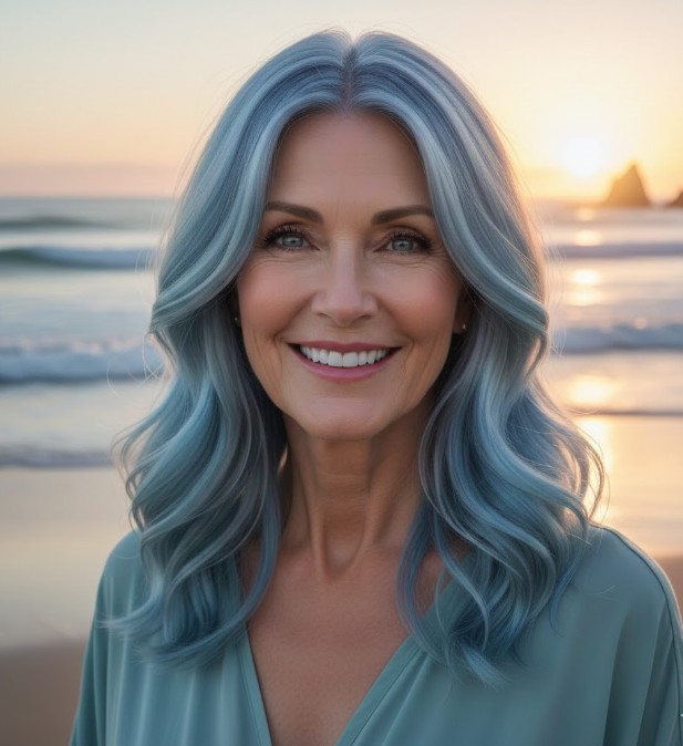 Ocean Blue Soft Curls with a Middle Part