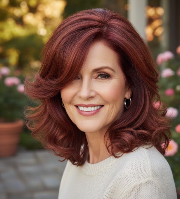 Rosewood Red Soft Curls with a Side Sweep