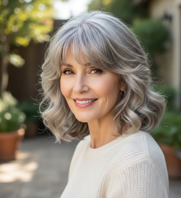 Silver Gray Gentle Waves with Full Bangs