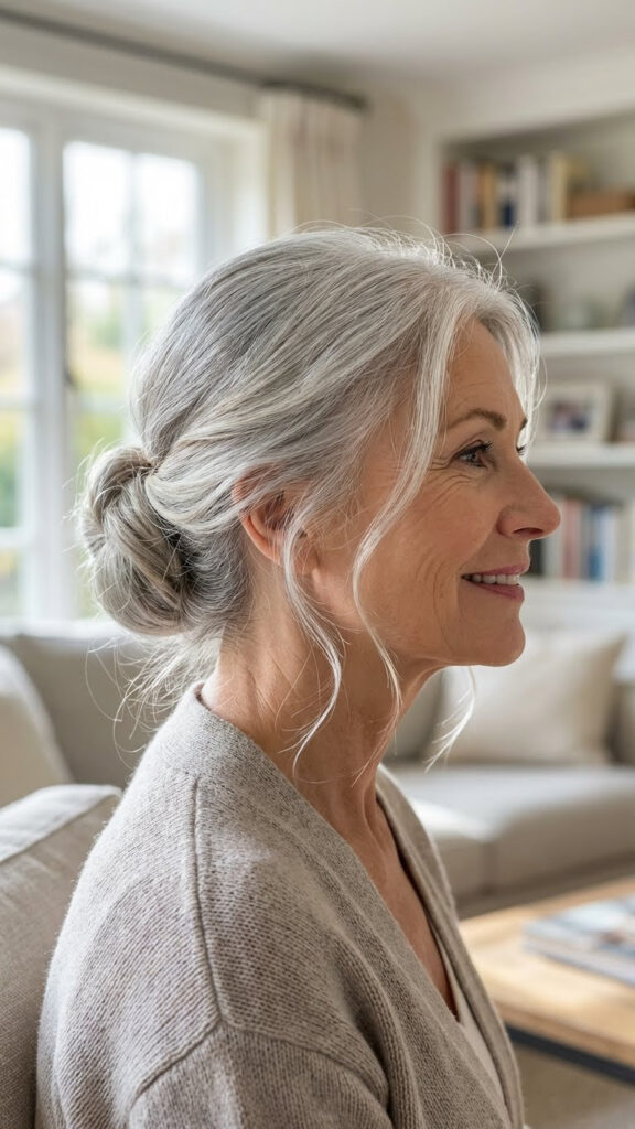Smooth Silver Updo with Loose Strands