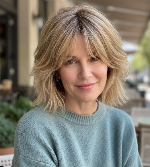Textured Shaggy Lob with Choppy Fringe