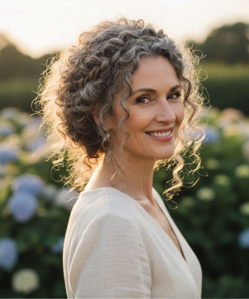 Voluminous Curly Updo with a Crown Braid