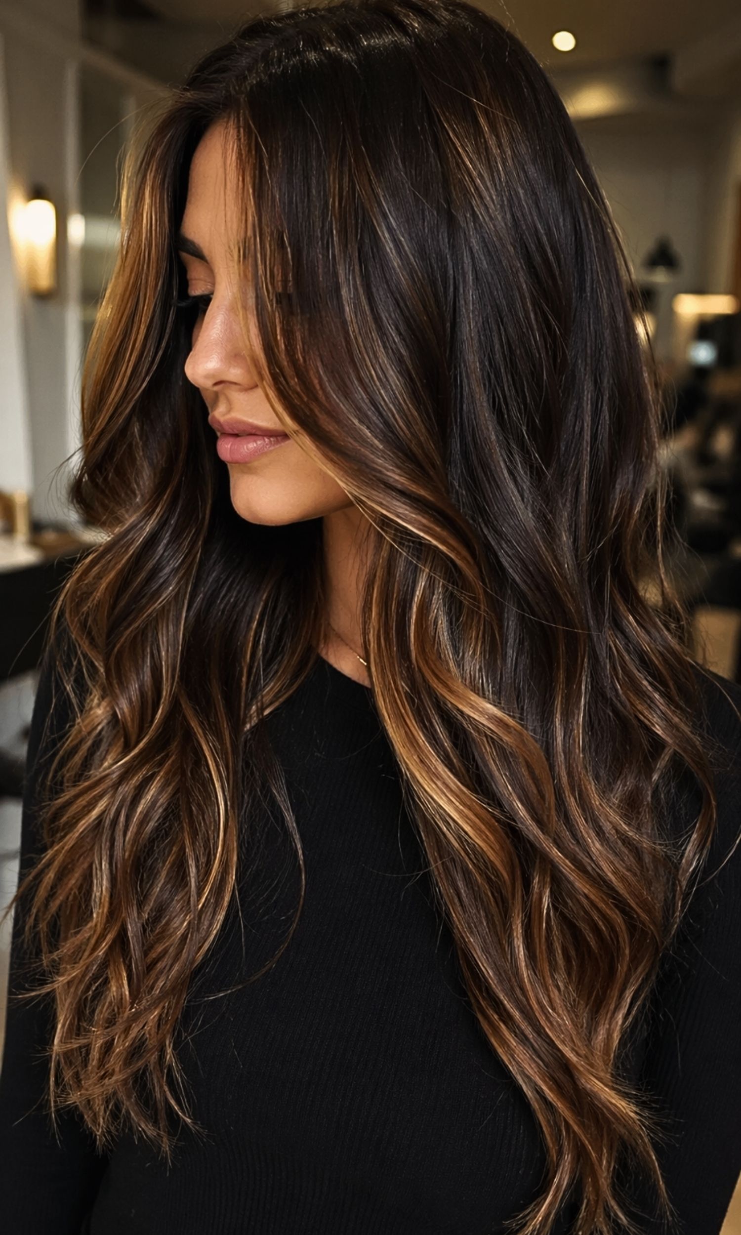 Dark Hair with Bright Caramel Streaks: A Warm Glow That Changes Everything